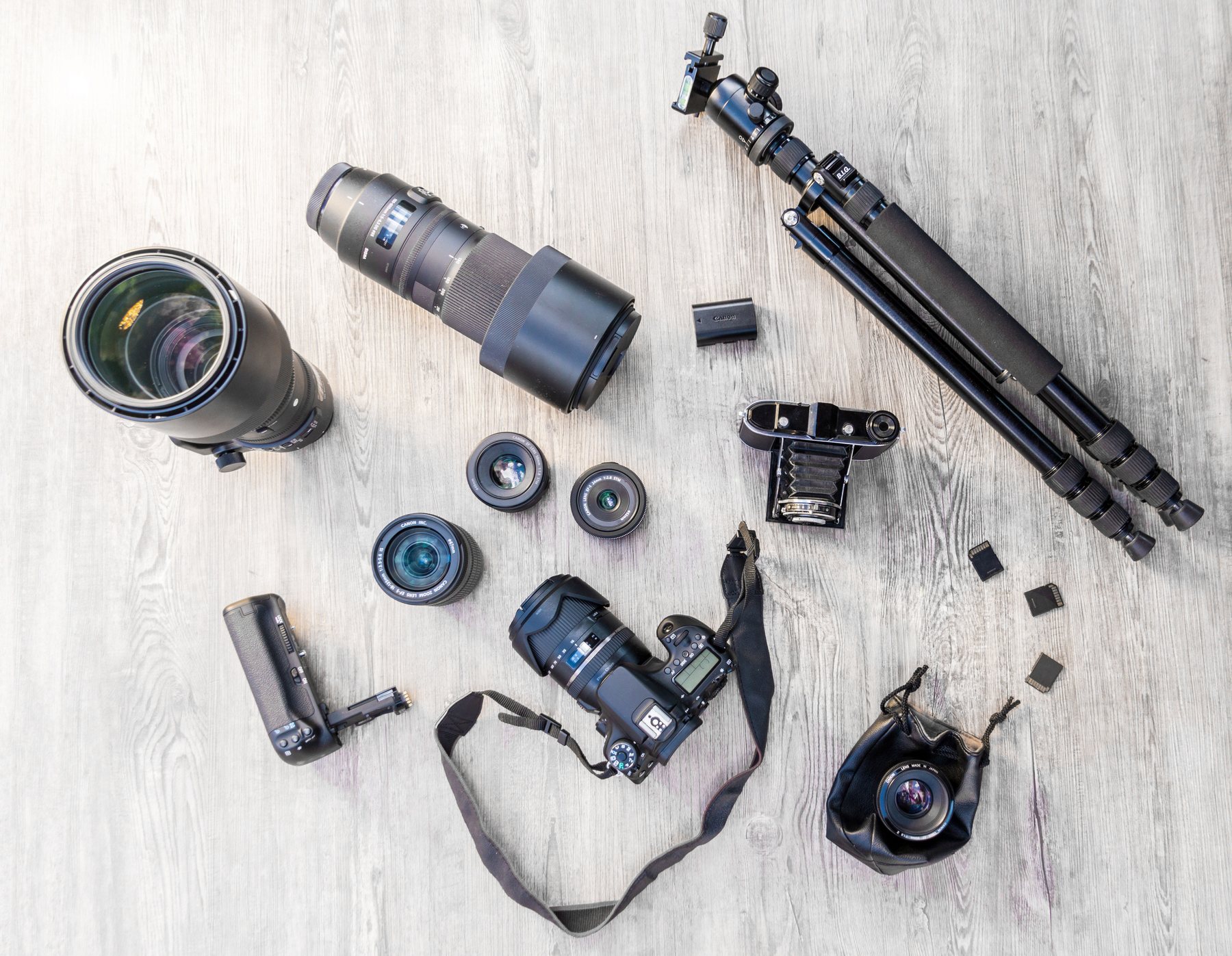 Camera bodies, lenses and support gear laid out
